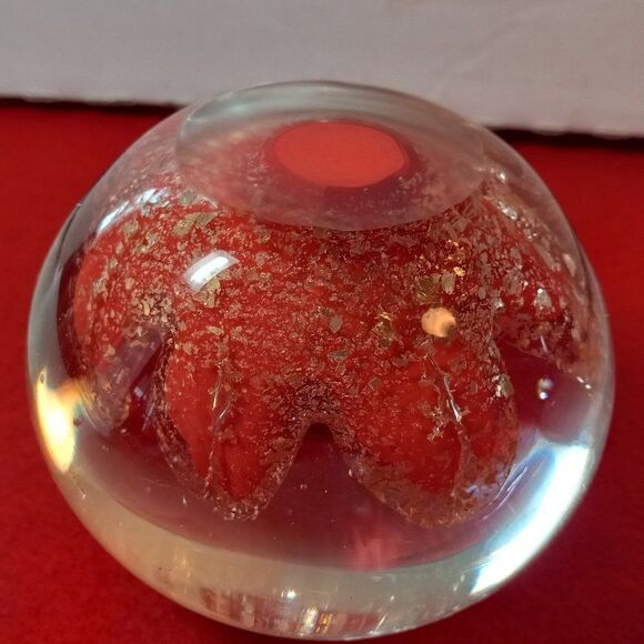Vintage Huge Center Domed Bubble Lava Red & Gold Flecks Paperweight Cottagecore - Picture 4 of 8